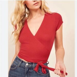 Reformation Red Ribbed Wrap Crop Top